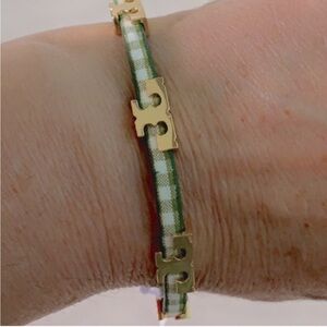 Tory Burch Green plaid single Ts leather Wrap  bracelet